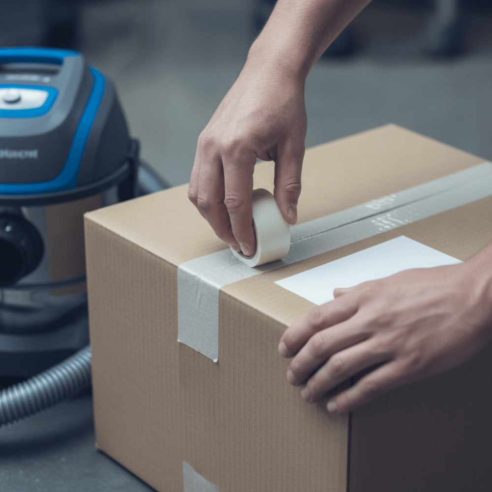 Mains refermant le carton d'un aspirateur laveur avant expédition pour exercer le droit de rétractation de 14 jours